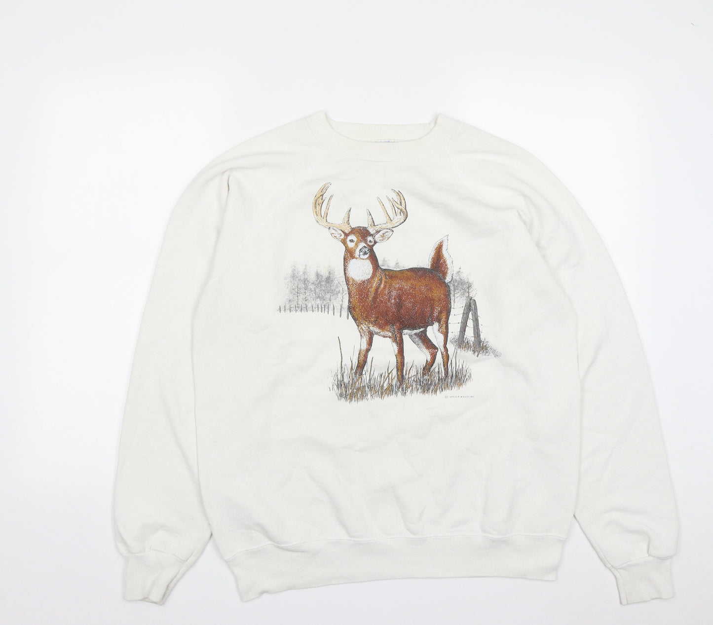 Hanes Activewear Womens White  Cotton Pullover Sweatshirt Size L   - Deer Print