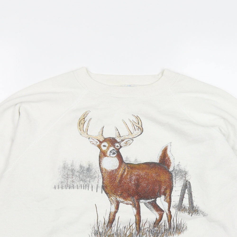 Hanes Activewear Womens White  Cotton Pullover Sweatshirt Size L   - Deer Print