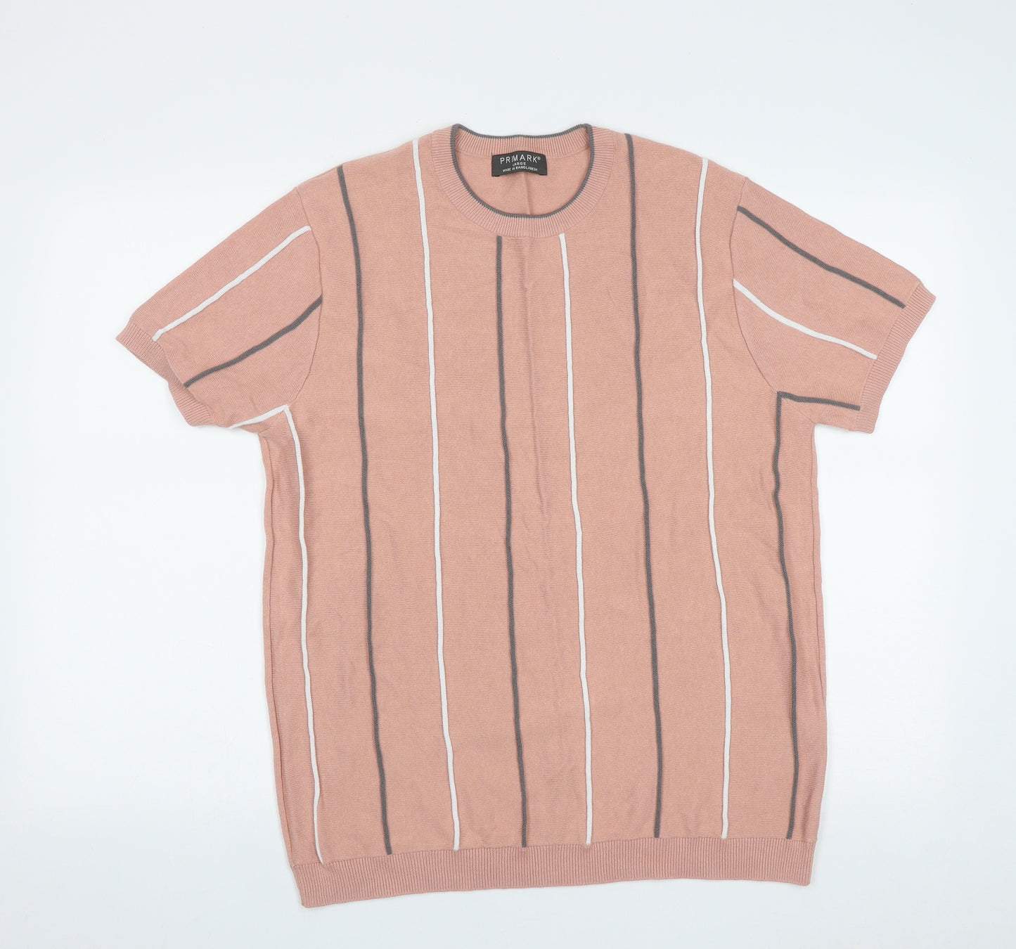 Primark Mens Pink Round Neck Striped Cotton Pullover Jumper Size L
