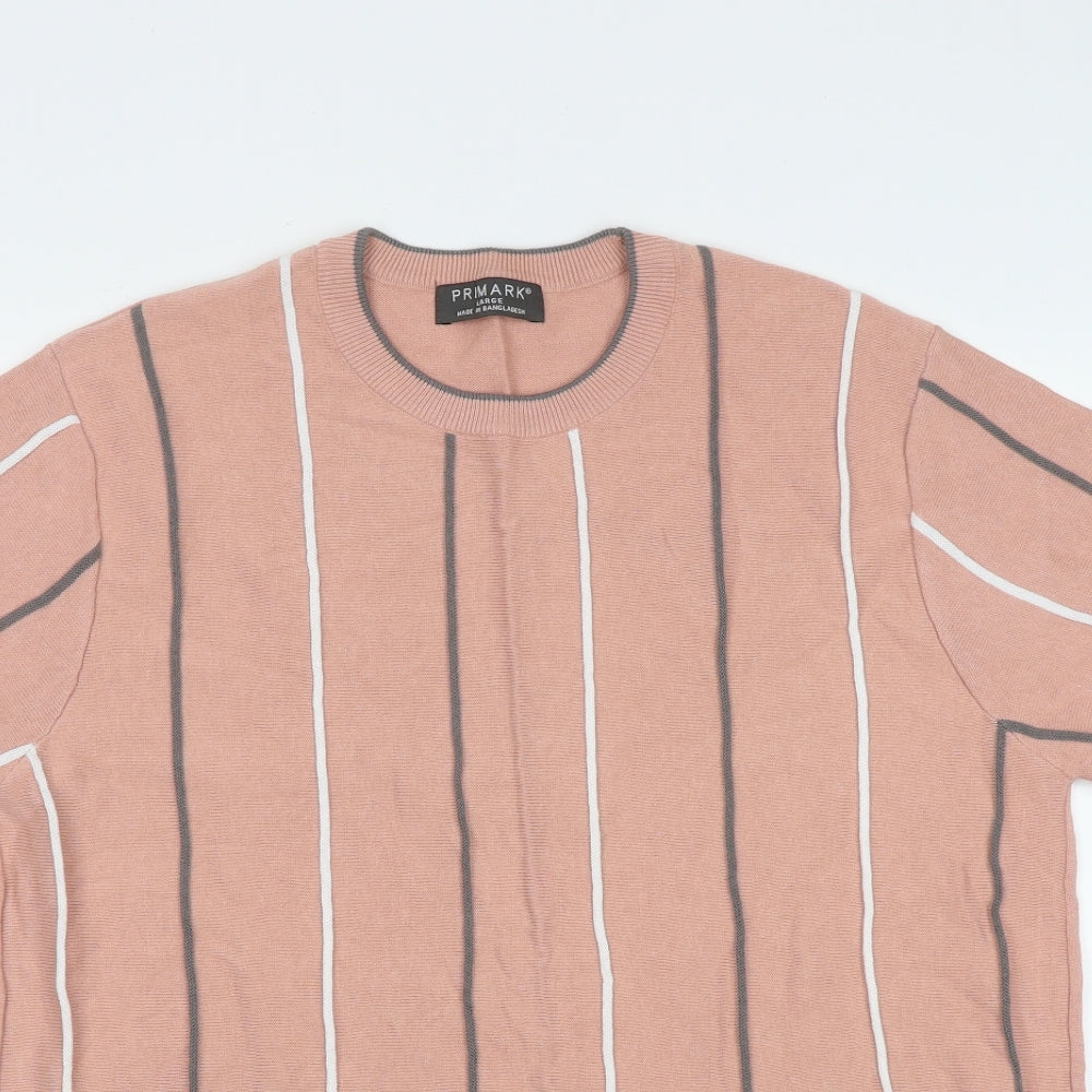 Primark Mens Pink Round Neck Striped Cotton Pullover Jumper Size L