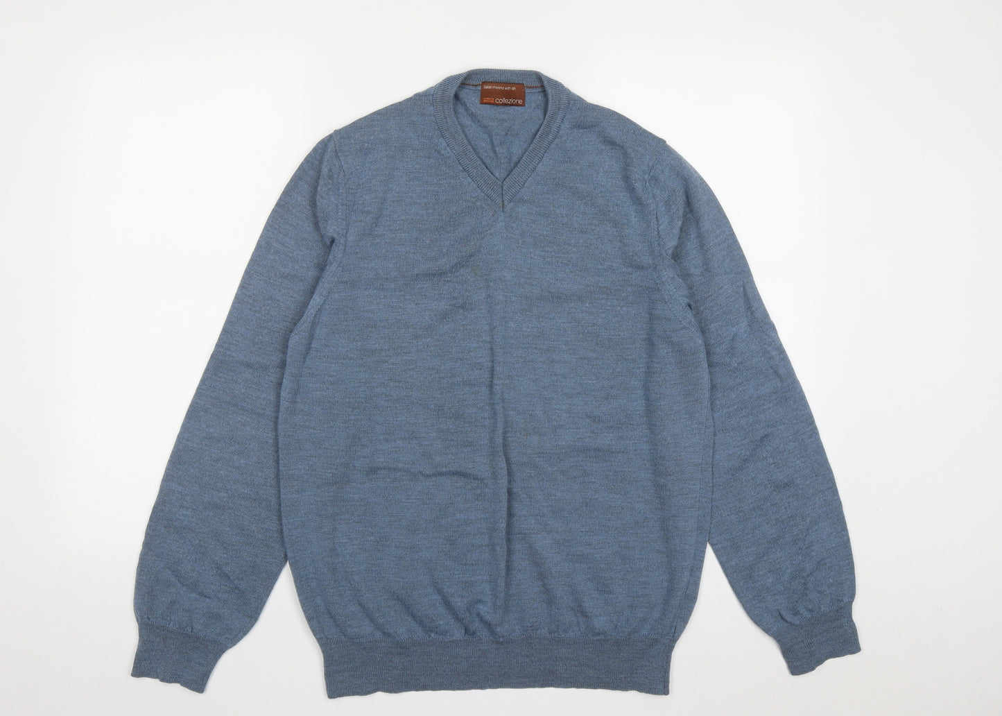 Marks and Spencer Mens Blue V-Neck  Wool Pullover Jumper Size L