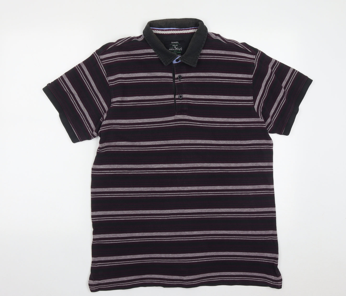 Dunnes Mens Multicoloured Striped Cotton  Polo Size L Collared Button