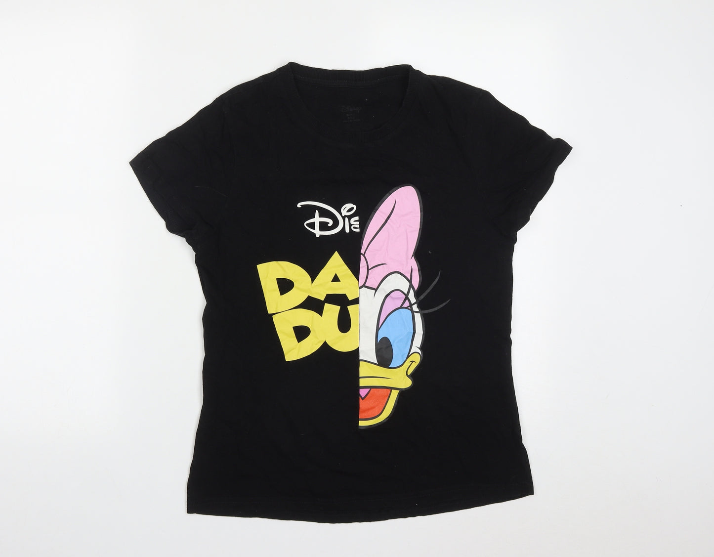 Primark Womens Black  Cotton Basic T-Shirt Size XS Round Neck - Disney Daisy Duck
