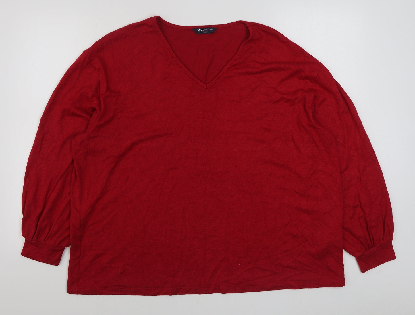 Marks and Spencer Womens Red V-Neck  Viscose Pullover Jumper Size 22
