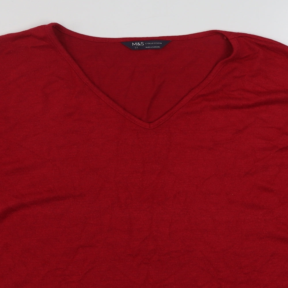 Marks and Spencer Womens Red V-Neck  Viscose Pullover Jumper Size 22