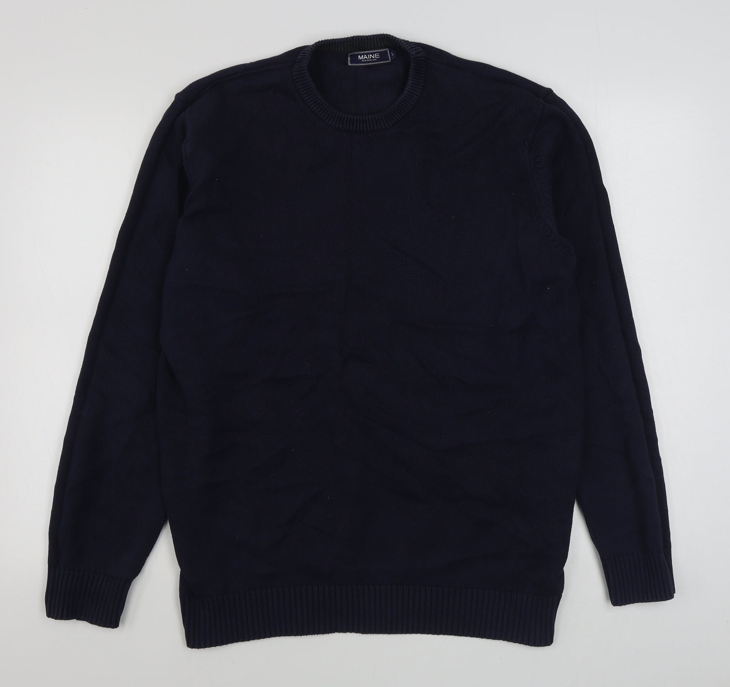 Maine Mens Blue Round Neck  Cotton Pullover Jumper Size L