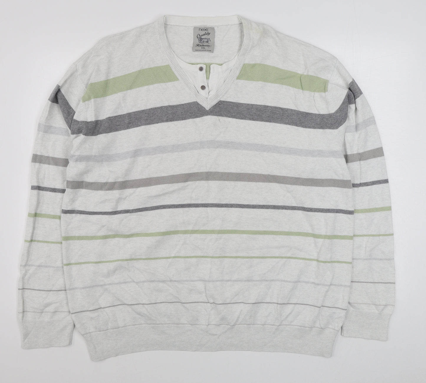 Nex Mens White V-Neck Striped Cotton Pullover Jumper Size 2XL