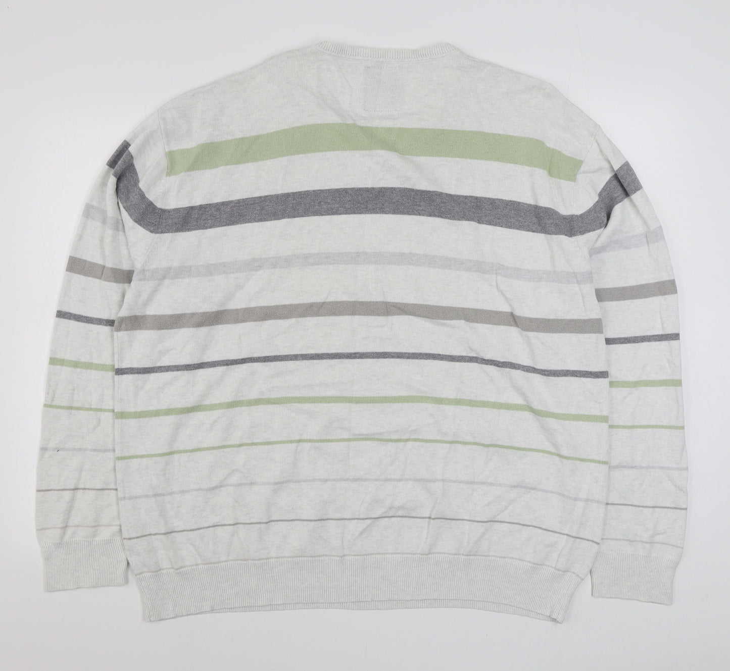 Nex Mens White V-Neck Striped Cotton Pullover Jumper Size 2XL