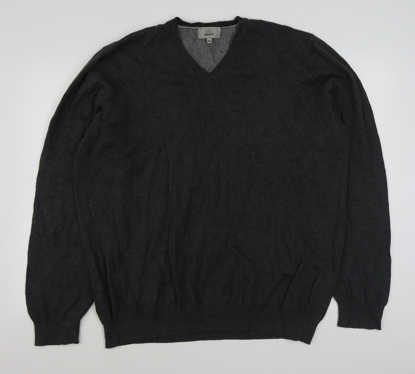 Marks and Spencer Mens Grey V-Neck  Cotton Pullover Jumper Size 2XL