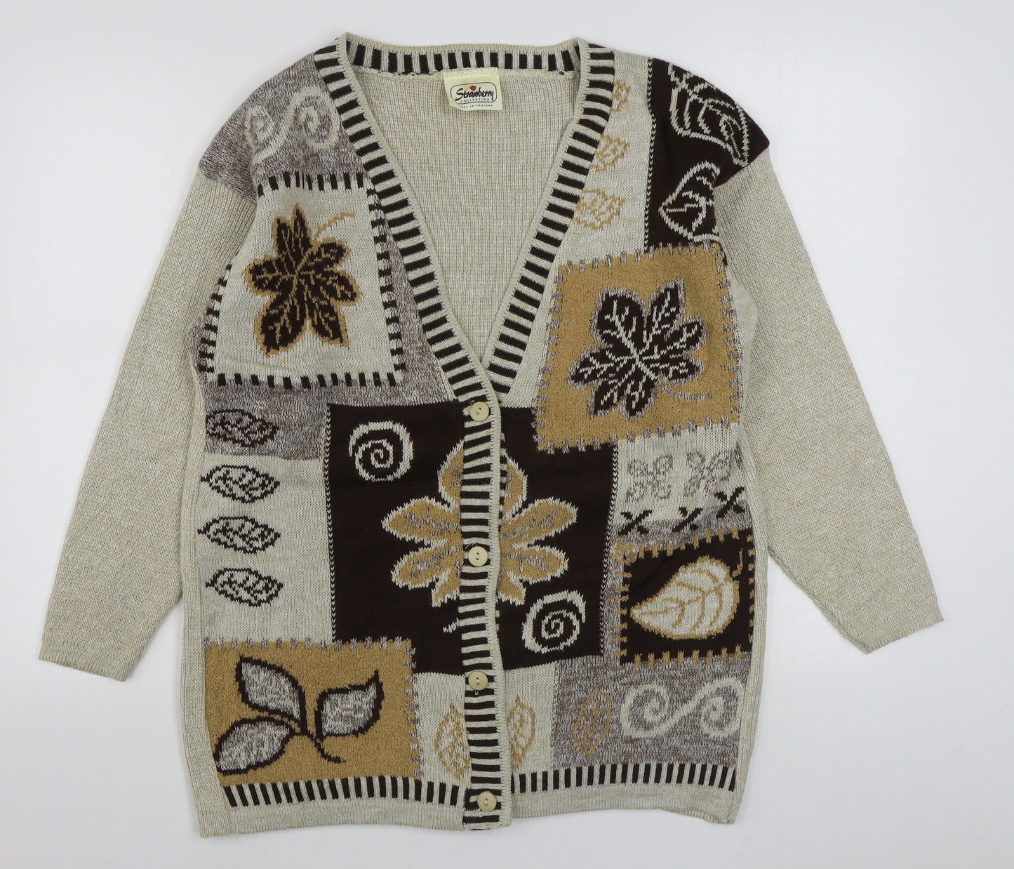 Strawberry Collection Womens Brown V-Neck Geometric Wool Blend Cardigan Jumper Size L