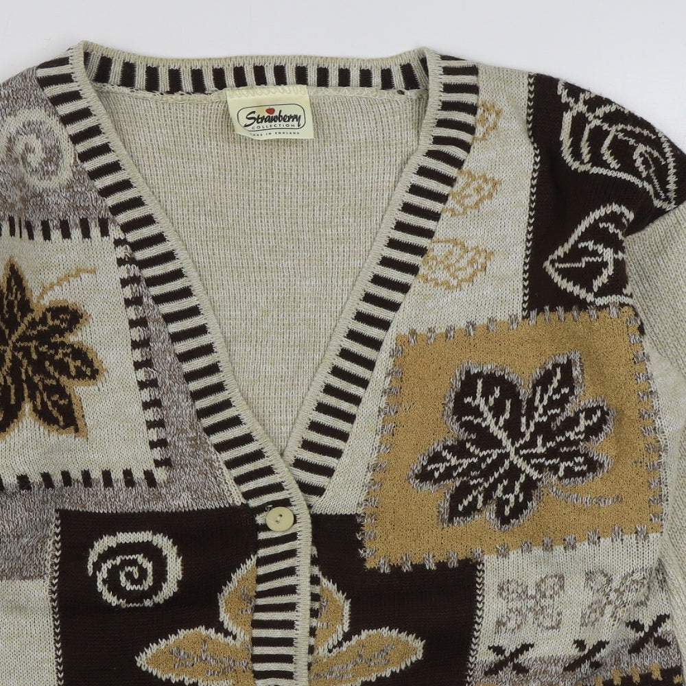 Strawberry Collection Womens Brown V-Neck Geometric Wool Blend Cardigan Jumper Size L