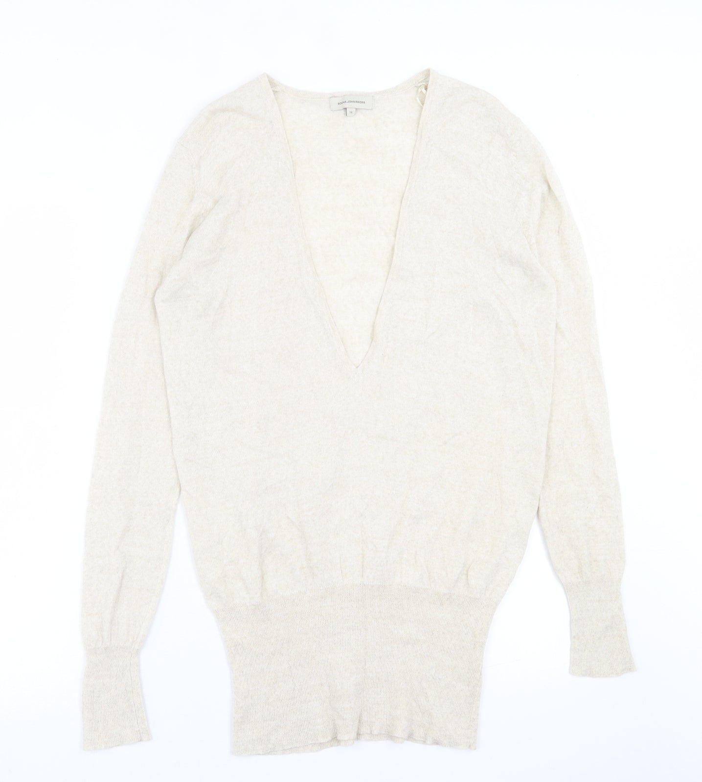 RJR.John Rocha Womens Beige V-Neck  Wool Pullover Jumper Size 14