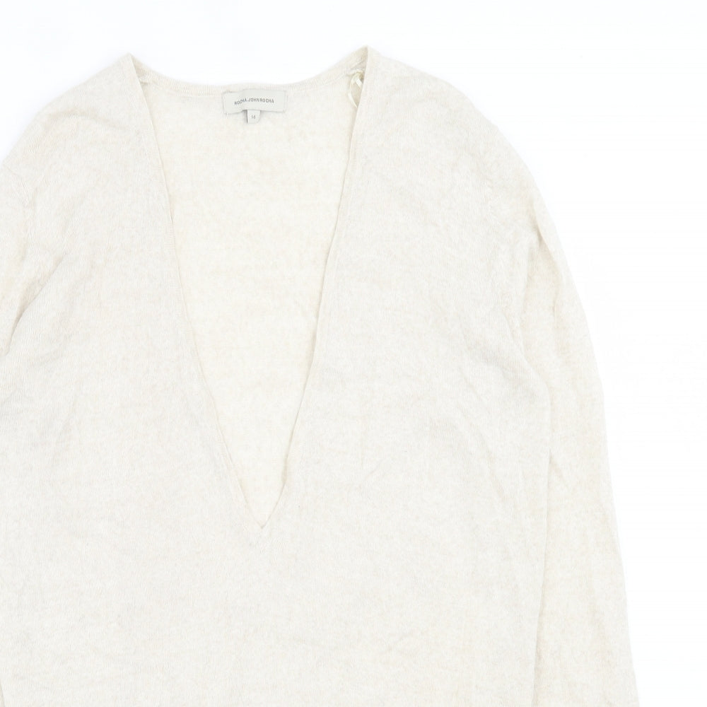 RJR.John Rocha Womens Beige V-Neck  Wool Pullover Jumper Size 14