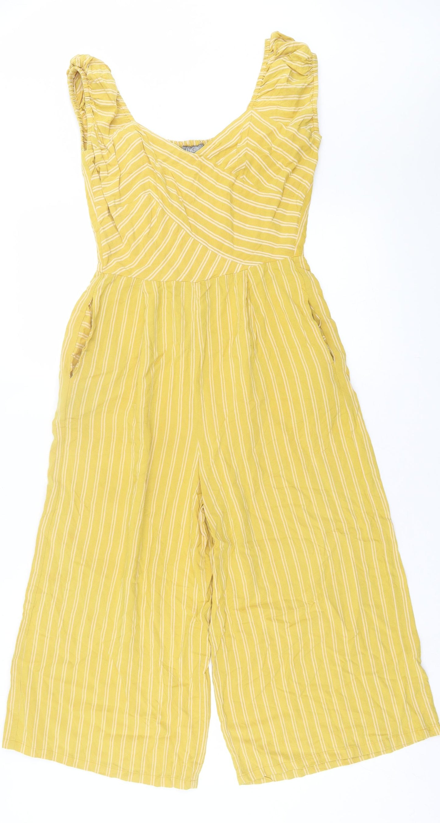 Angie Womens Yellow Striped Viscose Jumpsuit One-Piece Size S  Pullover - Crop Leg