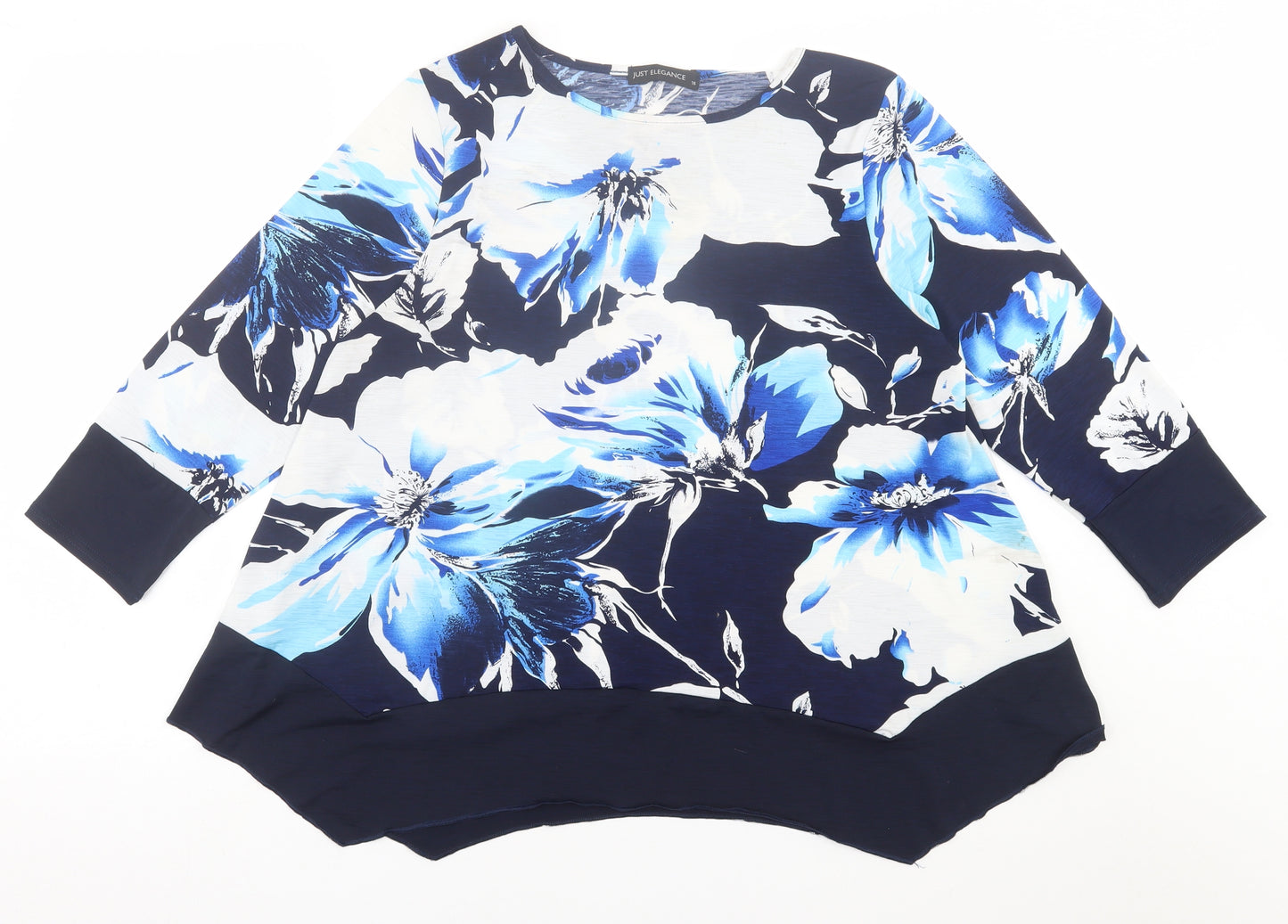 Just Elegance Womens Blue Geometric Polyester Basic Blouse Size 16 Crew Neck