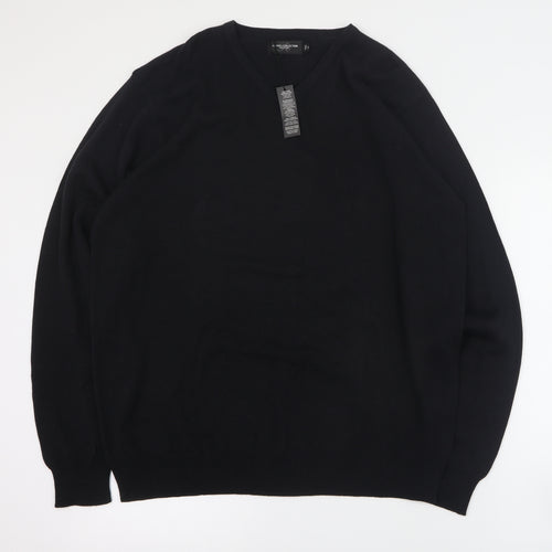 Russell Collection Mens Black V-Neck  Cotton Pullover Jumper Size XL