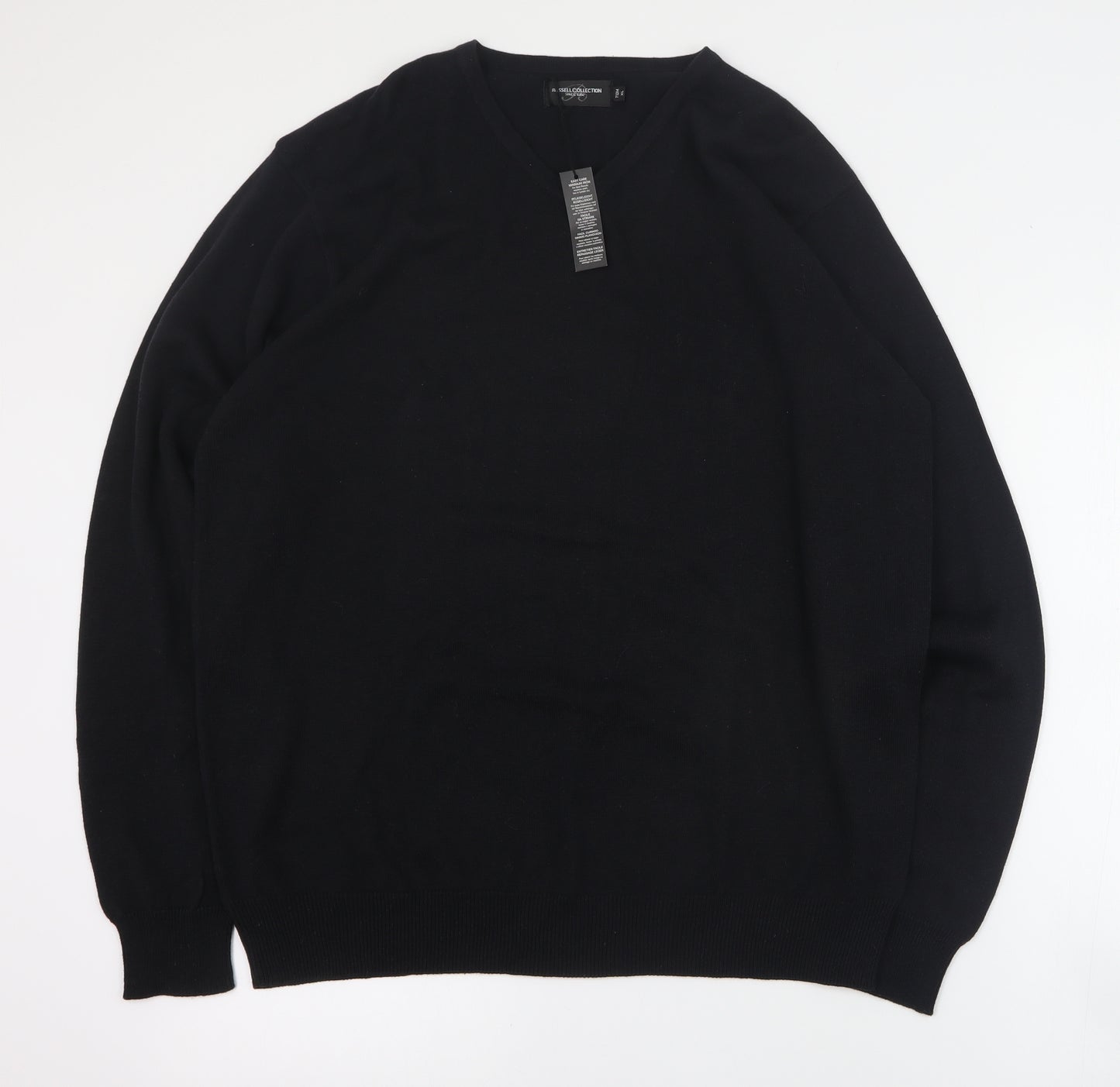 Russell Collection Mens Black V-Neck  Cotton Pullover Jumper Size XL