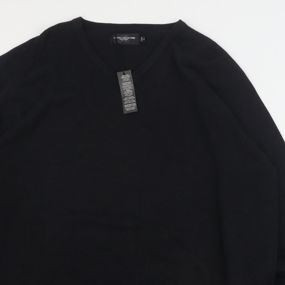 Russell Collection Mens Black V-Neck  Cotton Pullover Jumper Size XL
