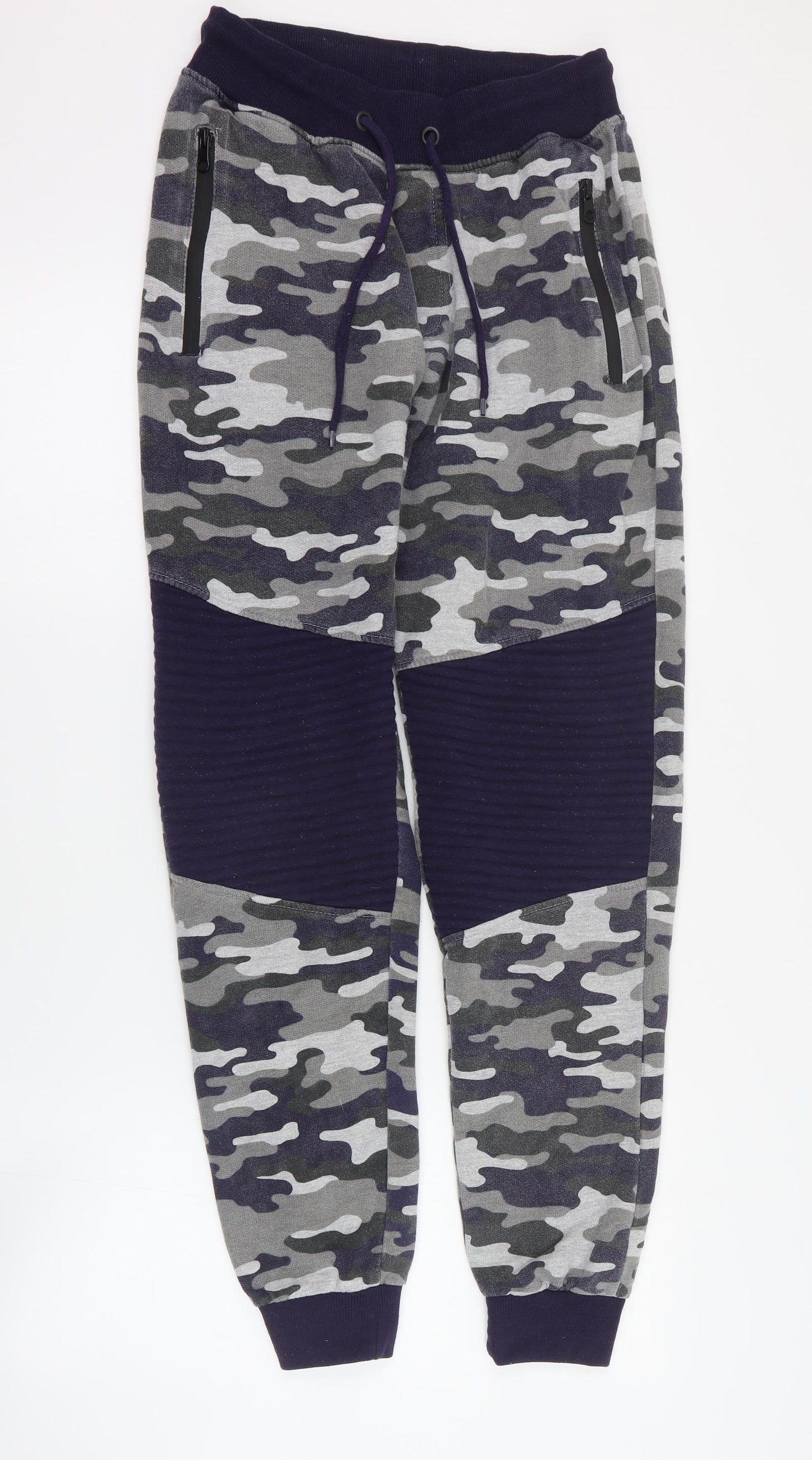 Pep & Co Mens Blue Camouflage Cotton Jogger Trousers Size S L30 in Regular Drawstring