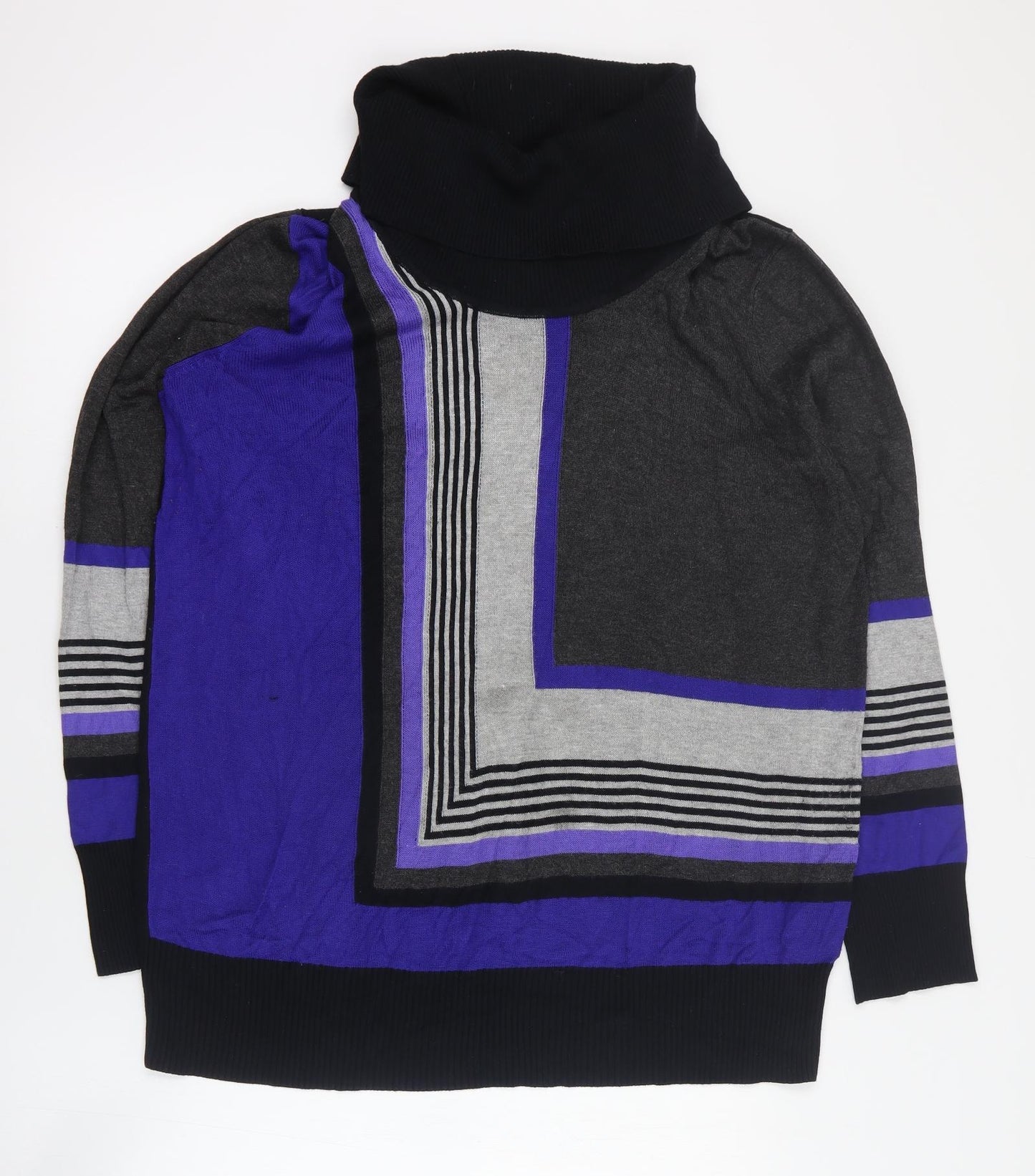 Brandtex Womens Grey Roll Neck Striped Viscose Pullover Jumper Size XL