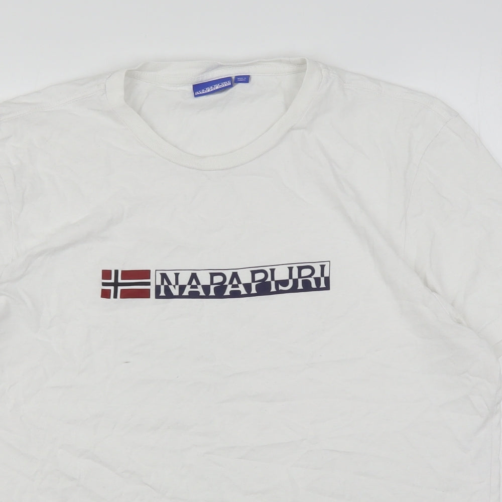 Napapijri Mens White  Polyester  T-Shirt Size L Round Neck