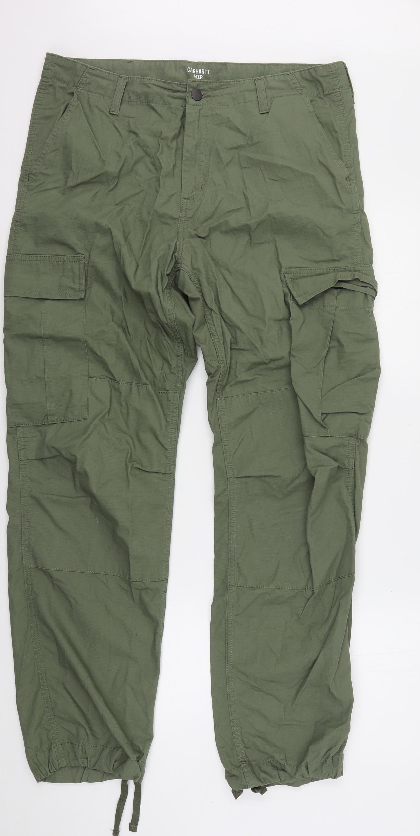 Carhartt WIP Mens Green  Cotton Cargo Trousers Size 34 L32 in Regular Button