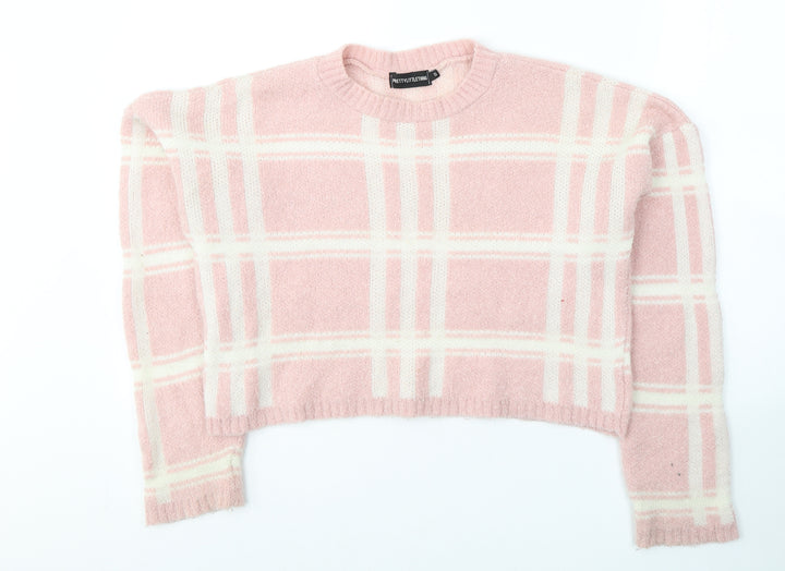 PRETTYLITTLETHING Womens Pink Round Neck Plaid Acrylic Pullover Jumper Size 8 - cropped