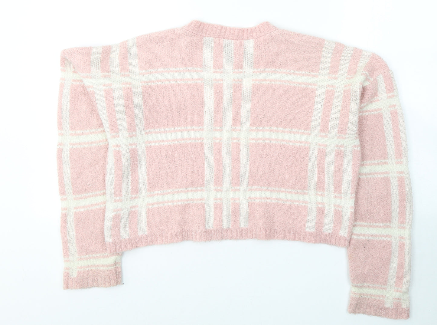 PRETTYLITTLETHING Womens Pink Round Neck Plaid Acrylic Pullover Jumper Size 8   - cropped