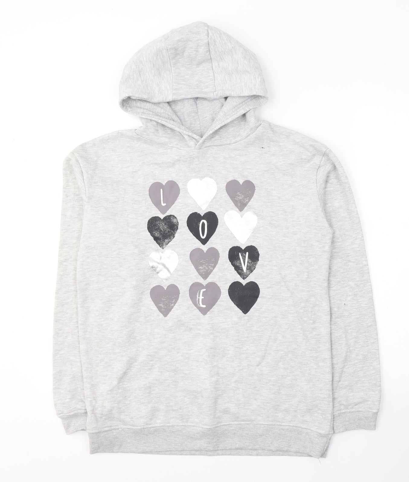 Primark Girls Grey  Cotton Pullover Hoodie Size 14-15 Years  Pullover - Love heart