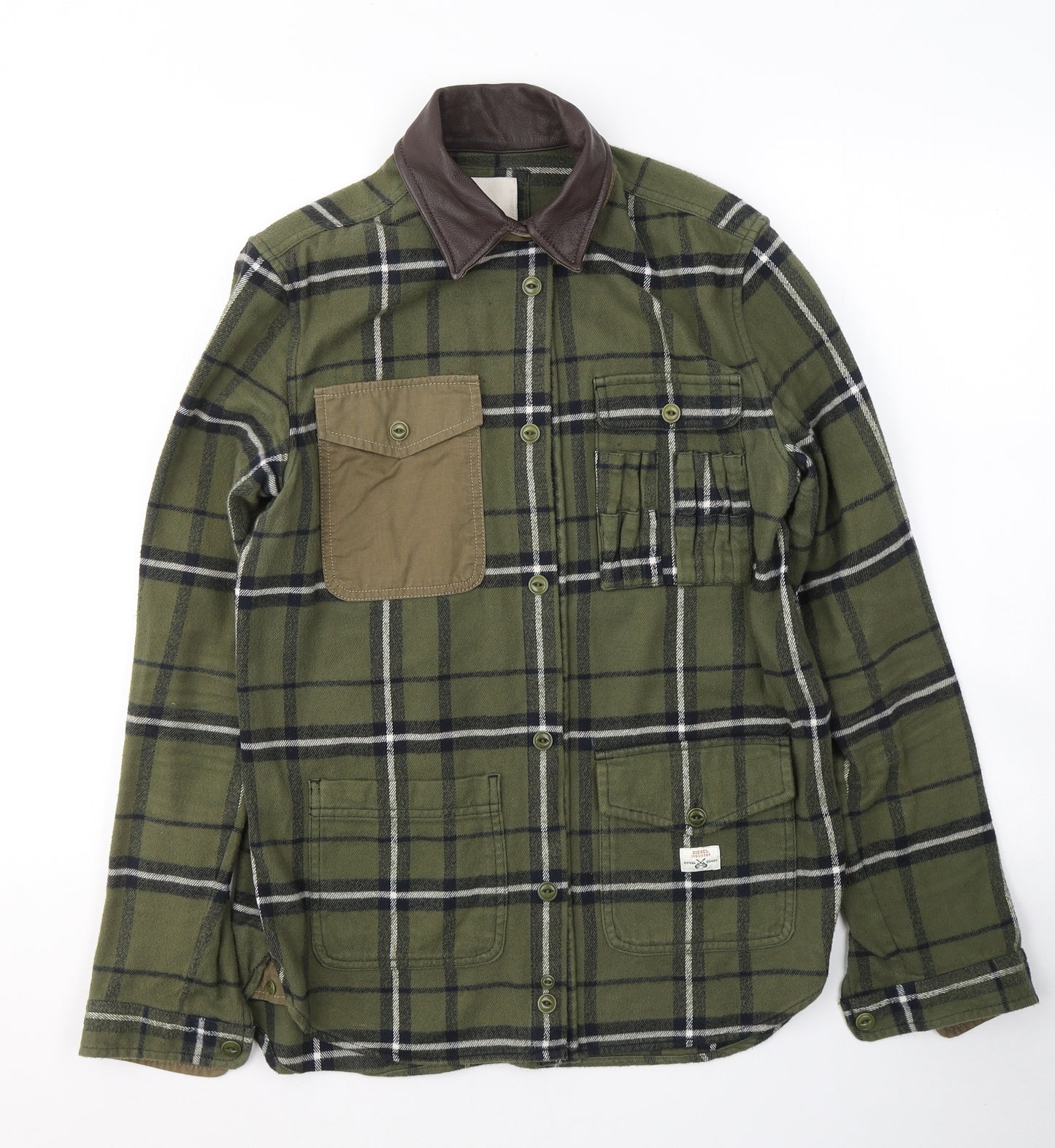 Diesel Mens Green Plaid Cotton  Button-Up Size M Collared Button
