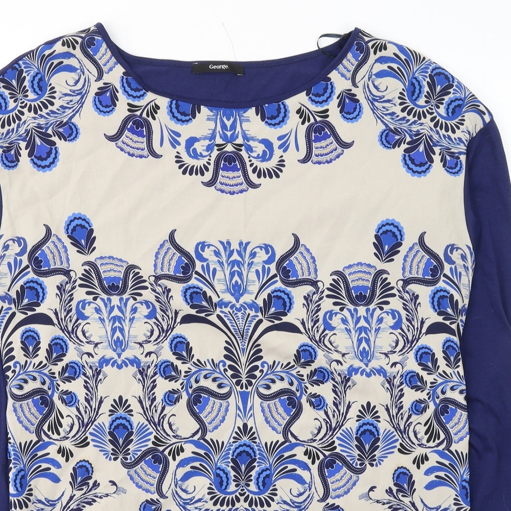 George Womens Blue Geometric Polyester Tunic T-Shirt Size 16 Round Neck