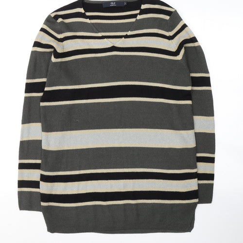 Isle Womens Grey V-Neck Striped Acrylic Pullover Jumper Size M