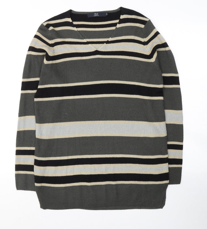 Isle Womens Grey V-Neck Striped Acrylic Pullover Jumper Size M