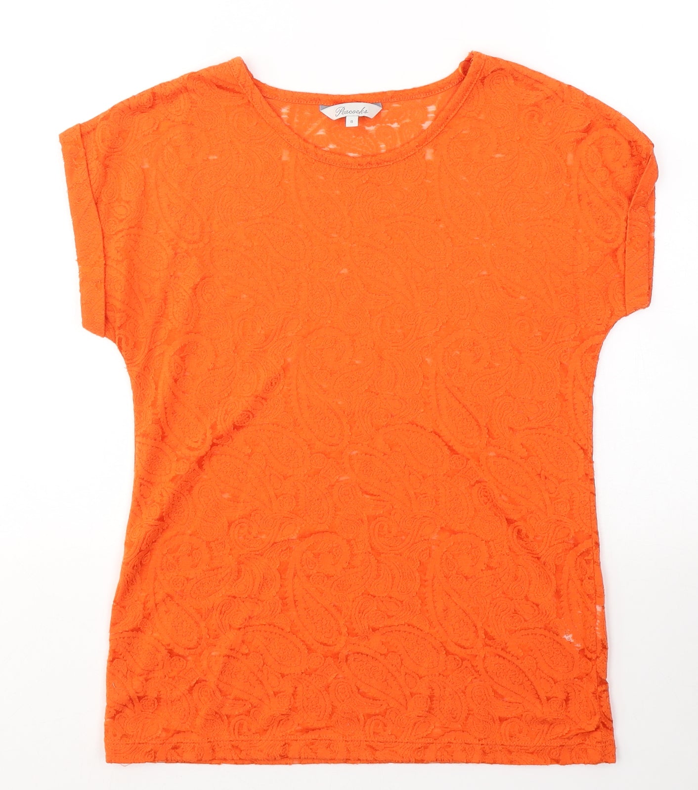 Peacocks Womens Orange Paisley Cotton Basic T-Shirt Size 8 Round Neck