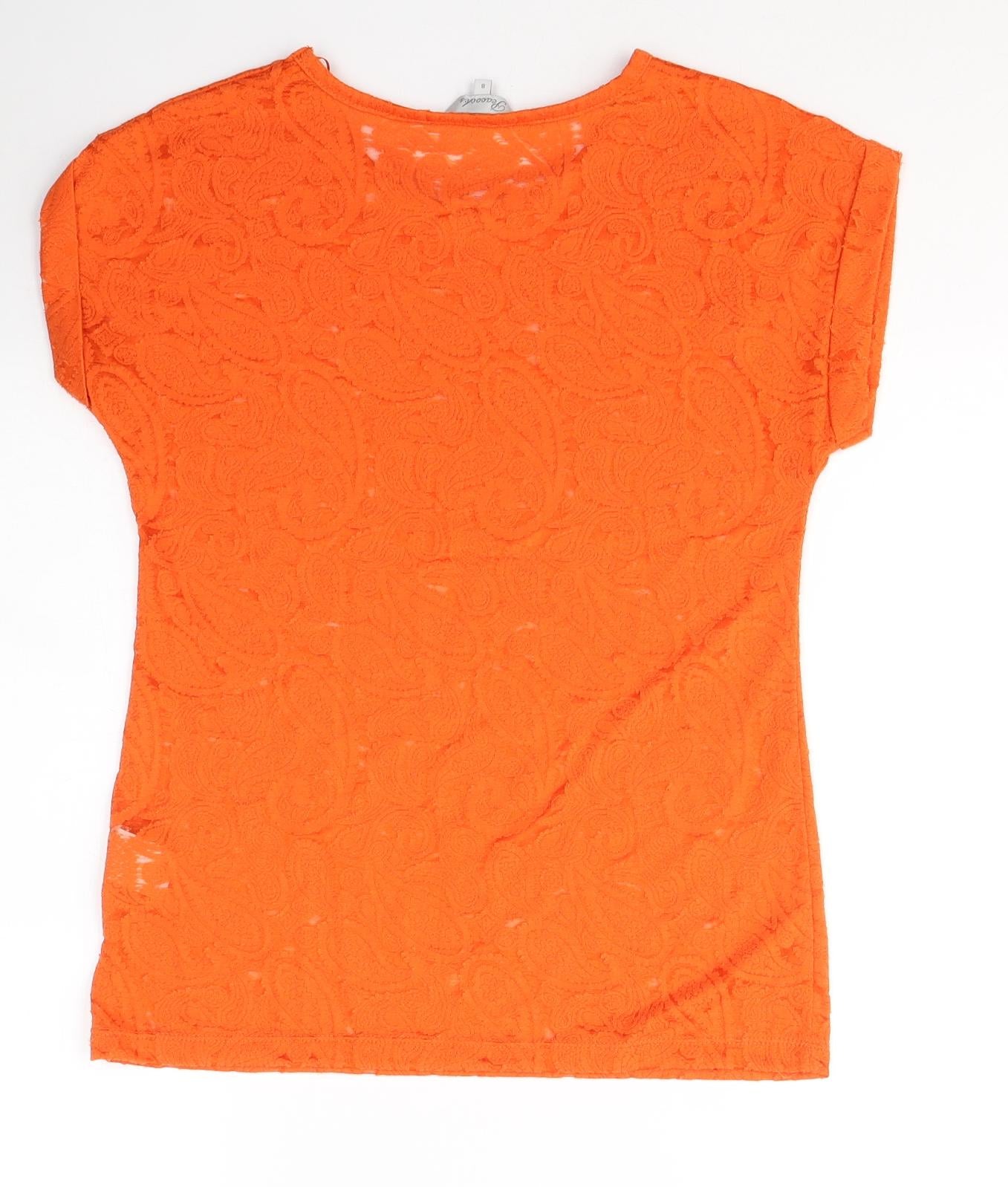 Peacocks Womens Orange Paisley Cotton Basic T-Shirt Size 8 Round Neck