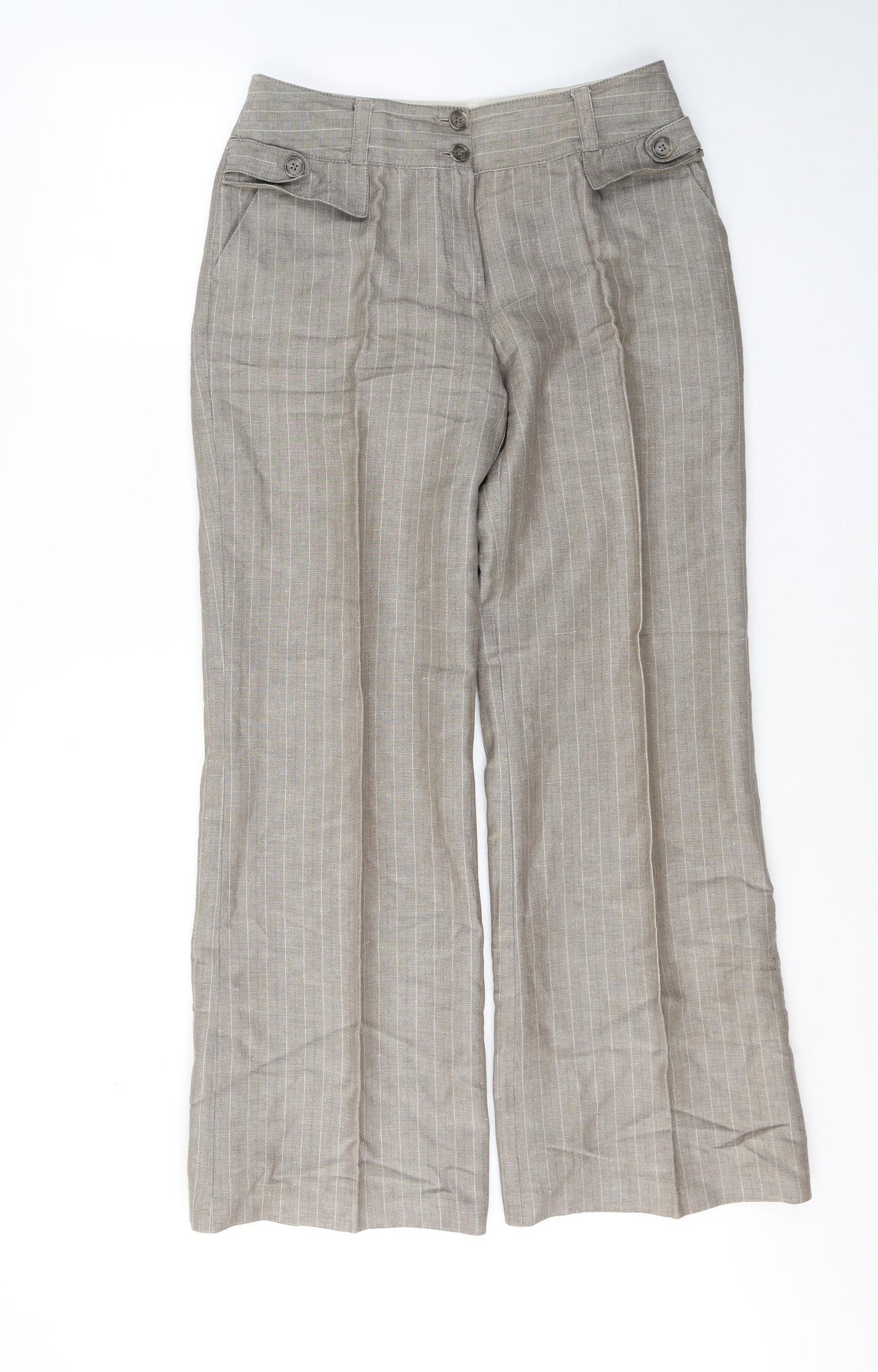 NEXT Womens Beige Striped Linen Trousers  Size 10 L32 in Regular Button