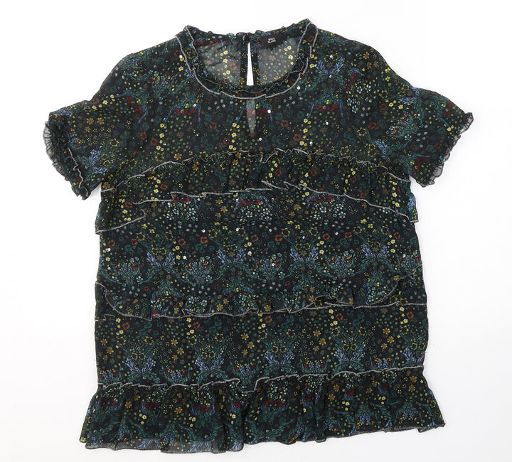 River Island Womens Black Floral Polyester Basic Blouse Size 8 Round Neck