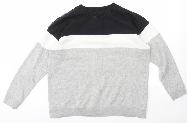New Look Womens Grey Crew Neck Striped Cotton Pullover Jumper Size M