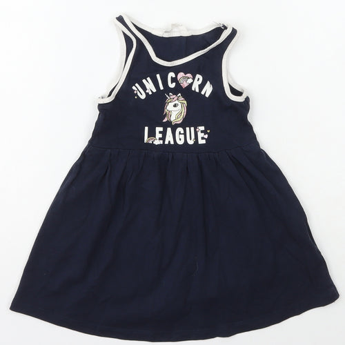 H&M Girls Blue  Cotton A-Line  Size 2 Years  Scoop Neck Pullover - Unicorn