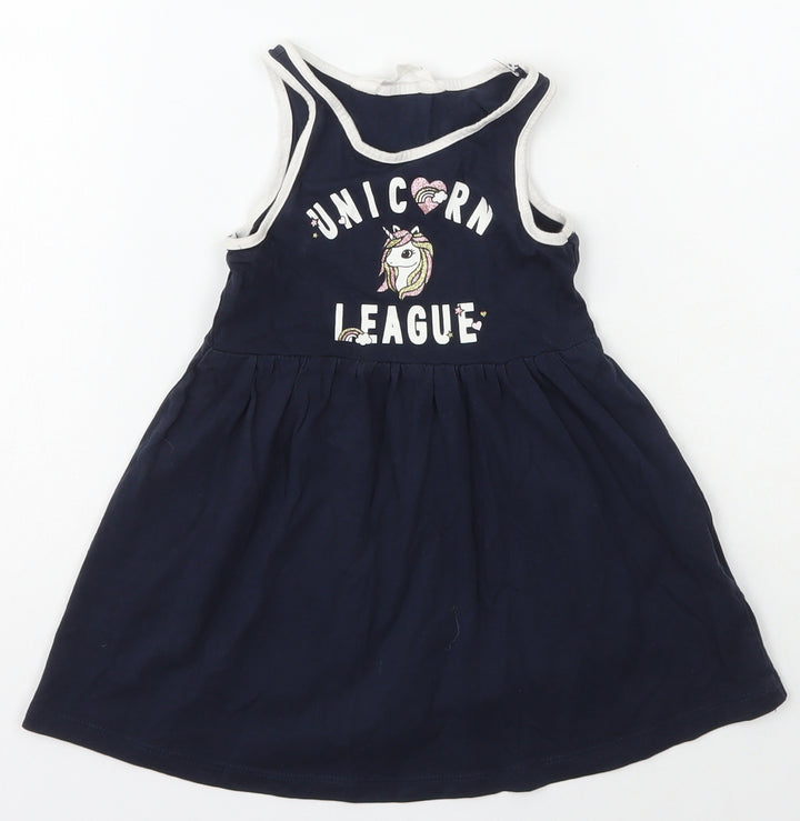 H&M Girls Blue  Cotton A-Line  Size 2 Years  Scoop Neck Pullover - Unicorn