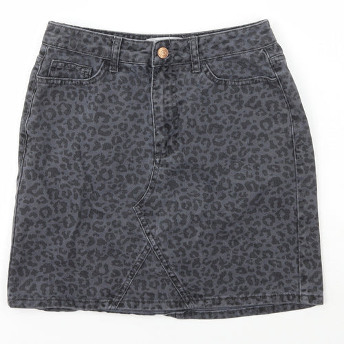 New Look Womens Black Animal Print Cotton A-Line Skirt Size 8   Zip