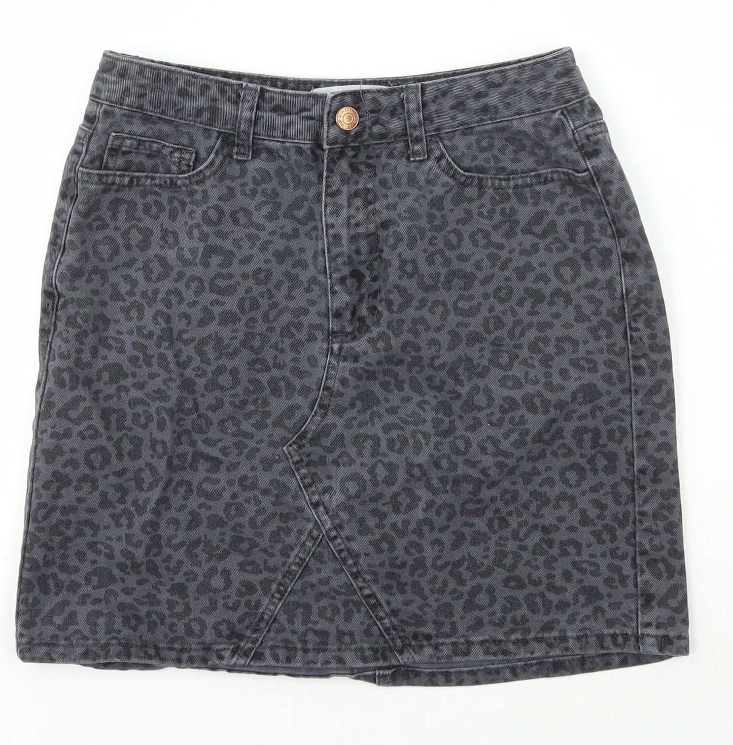 New Look Womens Black Animal Print Cotton A-Line Skirt Size 8   Zip