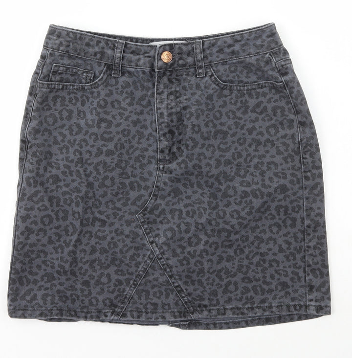 New Look Womens Black Animal Print Cotton A-Line Skirt Size 8 Zip