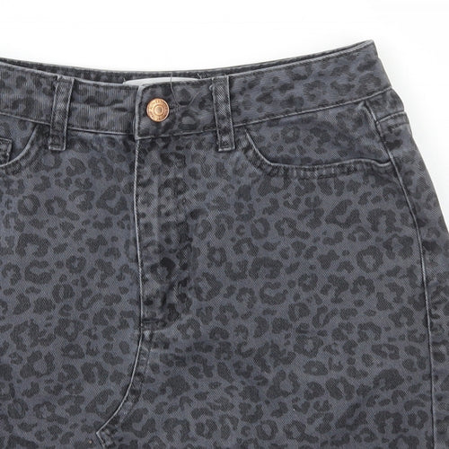 New Look Womens Black Animal Print Cotton A-Line Skirt Size 8   Zip