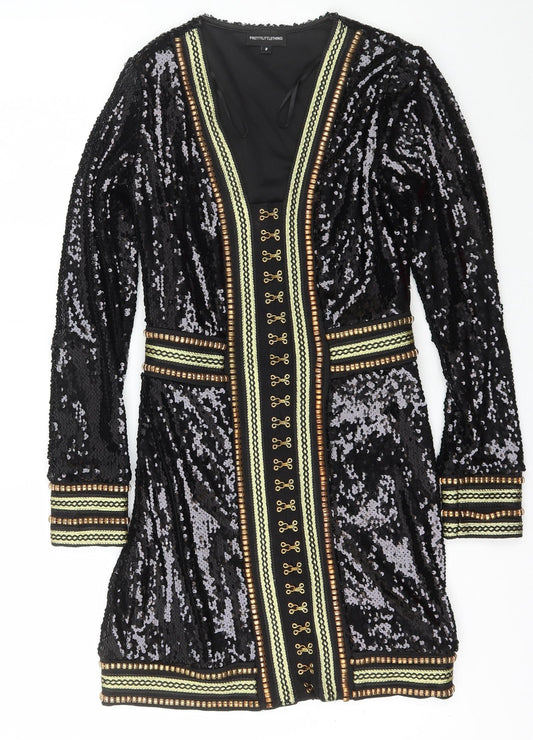 Front view of PRETTYLITTLETHING women’s black polyester bodycon, size UK 8, v-neck hook & eye