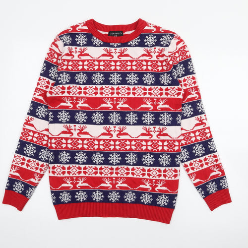 Jeff & Co Mens Red Crew Neck Fair Isle Viscose Pullover Jumper Size XS
