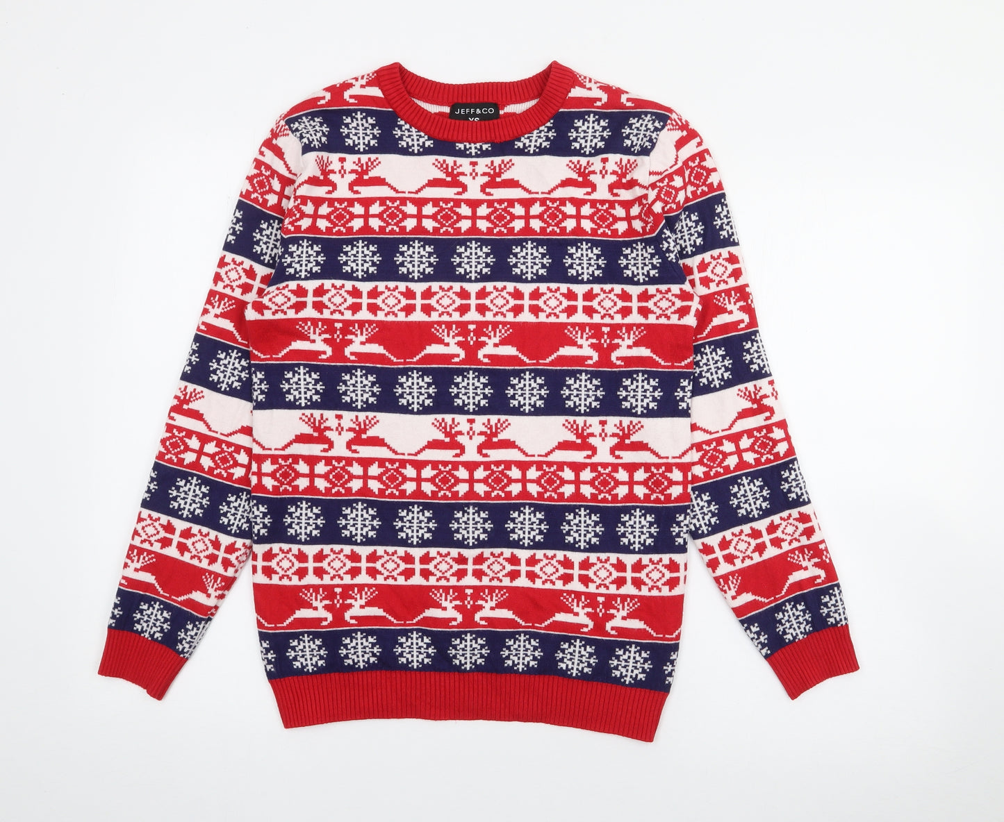 Jeff & Co Mens Red Crew Neck Fair Isle Viscose Pullover Jumper Size XS