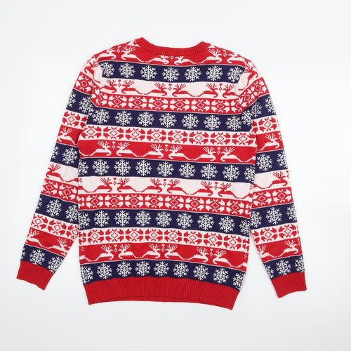 Jeff & Co Mens Red Crew Neck Fair Isle Viscose Pullover Jumper Size XS