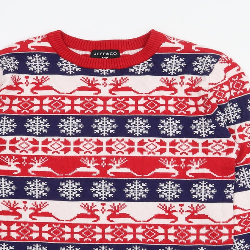 Jeff & Co Mens Red Crew Neck Fair Isle Viscose Pullover Jumper Size XS