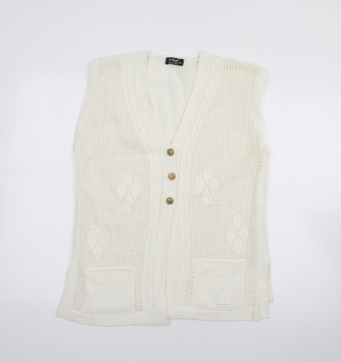 Pulse Womens White V-Neck  Acrylic Cardigan Jumper Size L